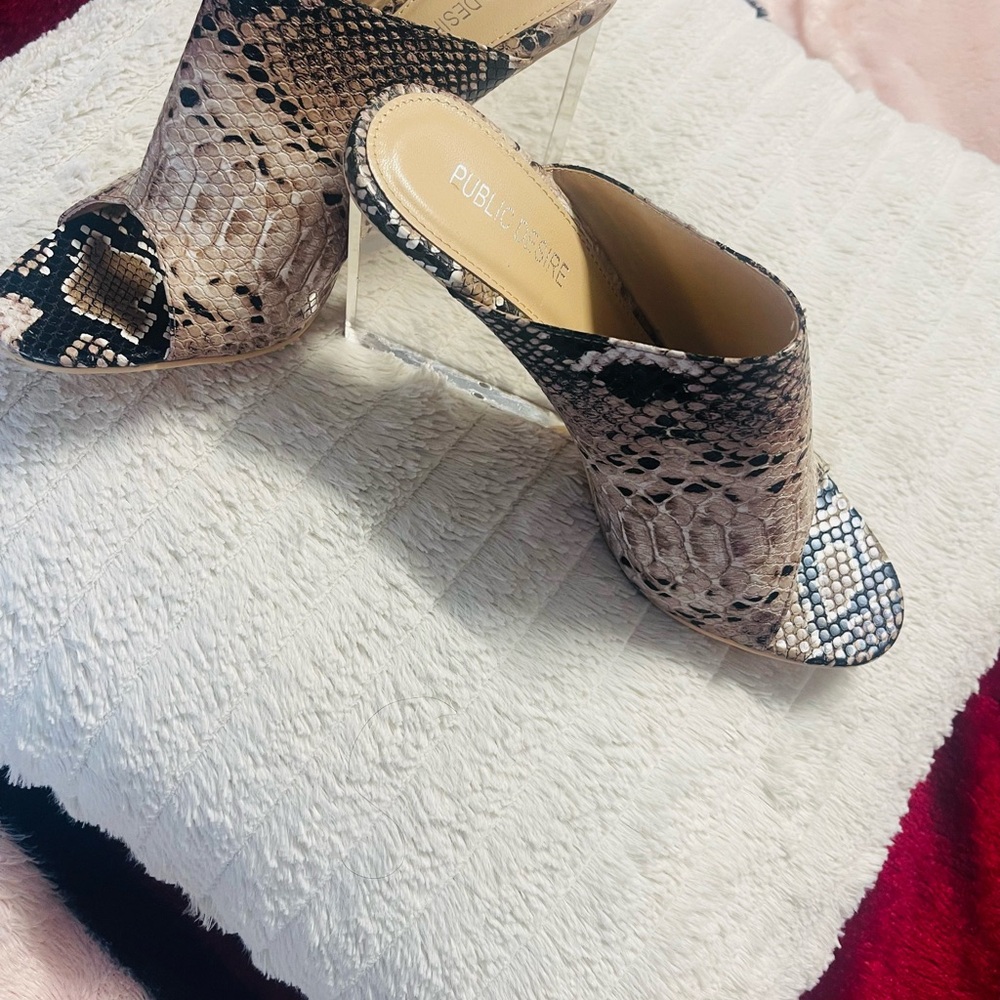 Public Desire Black and Cream Snake Print Mules